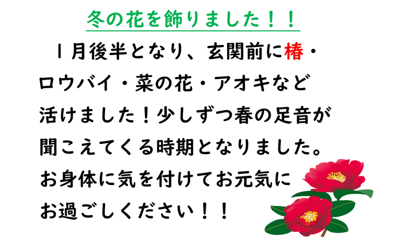 冬の花を飾りました1月後半となり、玄関前に椿・
ロウバイ・菜の花・アオキなど
活けました！少しずつ春の足音が
聞こえてくる時期となりました。
お身体に気を付けてお元気に
お過ごしください！！
