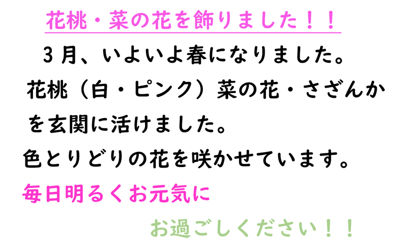 花桃・菜の花を飾りました！！3月、いよいよ春になりました。
花桃（白・ピンク）菜の花・さざんかを玄関に活けました。色とりどりの花を咲かせています。毎日明るくお元気にお過ごしください！！